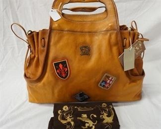 1044 PRATESI FIRENZE ITALY LARGE LEATHER TOTE, NEW WITH TAGS AND CLOTH STORAGE COVER, 20 IN X 11 IN X 4 1/2 IN