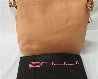 1048 INNUE ITALY SALMON LEATHER TOTE, NEW WITH TAGS AND CLOTH STORAGE BAG, 13 1/2 IN X 13 1/2 IN X 5 IN