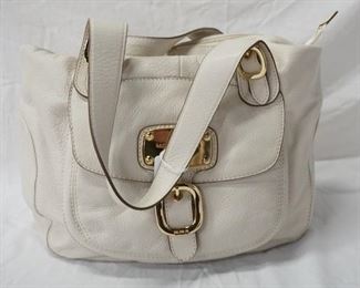 1049 MICHAEL KORS WHITE LEATHER SATCHEL, MINOR WEAR, 16 IN X 12 IN X 5 1/4 IN