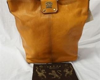 1052 PRATESI FIRENZE LARGE TAN LEATHER TOTE, NEW WITH TAGS AND CLOTH STORAGE BAG, 16 IN X 16 IN X 5 1/2 IN