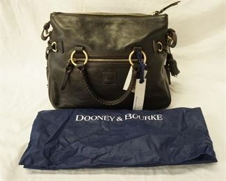 1056 DOONEY & BOURKE BLACK SATCHEL WITH POCKETS, NEW WITH TAGS AND CLOTH STORAGE BAG, 14 IN X 10 1/2 IN X 5 3/4 IN