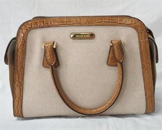 1054 MICHAEL KORS HARPER MED SATCHEL IN ECRU AND WALNUT, NEW WITH TAGS, 12 IN X 8 IN X 4 1/2 IN