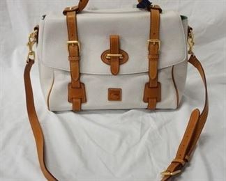 1053 DOONEY & BOURKE FLAP TAB SATCHEL IN WHITE AND NATURAL, SMALL LEATHER SMUDGE BY HANDLE, NEW WITH TAGS, 14 IN X 8 1/2 IN X 3 3/4 IN