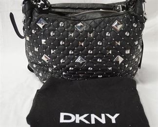 1060 DKNY DONNA KARAN BLACK LEATHER STUDDED HOBO, NEW WITH TAGS AND CLOTH STORAGE BAG, 18 IN X 13 IN X 4 IN