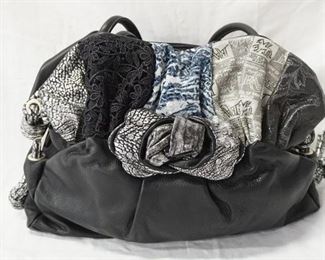 1064 RENATO ANGI VENEZIA BLACK LEATHER BAG WITH APPLIED DECORATIONS, NEW WITH TAGS, 15 IN X 10 IN X 3 IN