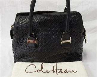 1066 COLE HAAN SMALL BOX SATCHEL BLACK HERITAGE WEAVE LEATHER, NEW WITH TAGS AND CLOTH STORAGE BAG, 13 IN X 9 IN X 5 IN
