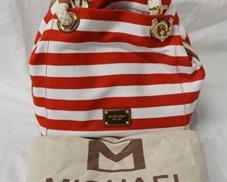 1068 MICHAEL KORS MARINA RED AND WHITE CANVAS BAG, NEW WITH TAGS AND CLOTH STORAGE BAG, 11 IN X 9 1/2 IN X 7 IN