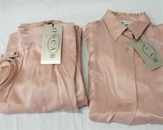 1130 OSCAR DE LA RENTA SILK BLOUSE AND SLACKS WITH BELT, NEW WITH TAGS, SIZE 8
