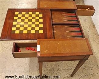 Lot: 505 - VINTAGE leather top game table with 2 drawers and
VINTAGE leather top game table with 2 drawers and chess board and backgammon with game pieces
