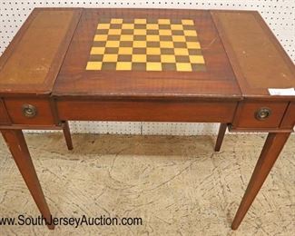 Lot: 505 - VINTAGE leather top game table with 2 drawers and
VINTAGE leather top game table with 2 drawers and chess board and backgammon with game pieces