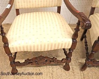 Lot 536
PAIR of depression Spanish queen anne high back upholstered throne arm chairs in the walnut