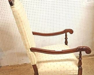 Lot 536
PAIR of depression Spanish queen anne high back upholstered throne arm chairs in the walnut