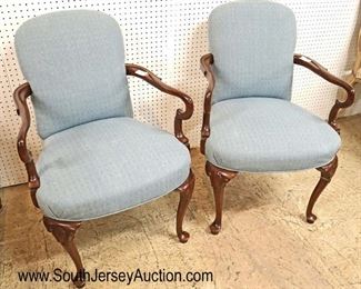 Lot 550
PAIR of SOLID mahogany scroll arm shell carved queen anne upholstered chairs