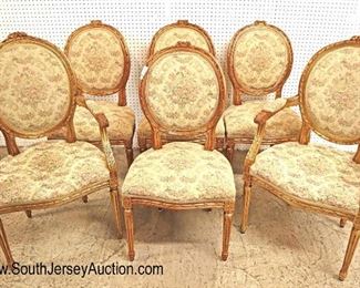 Lot 555
Set of 6 French gilded and carved Italian back dining room chairs with petti point upholstery 4 side chairs 2 arm chairs - NICE