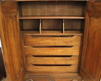 Lot 557
NICE QUALITY country French carved 2 door fitted interior armoire with panel sides in the manner of Baker Furniture