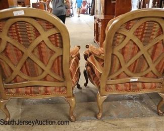 Lot 574
PAIR of oversized country French decorator upholstered arm chairs with down cushions