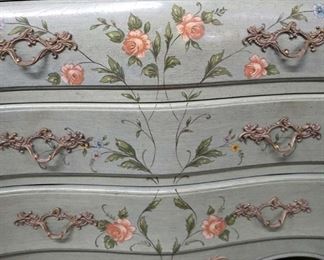Lot 581
Dixie Powder Marker Rucker Industries paint decorated with flowers 9 drawer country French style low chest