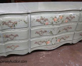 Lot 581
Dixie Powder Marker Rucker Industries paint decorated with flowers 9 drawer country French style low chest