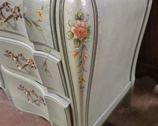 Lot 581
Dixie Powder Marker Rucker Industries paint decorated with flowers 9 drawer country French style low chest