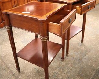 Lot 587
NICE PAIR of Ethan Allen Furniture banded 1 drawer mahogany stands with cookie corners