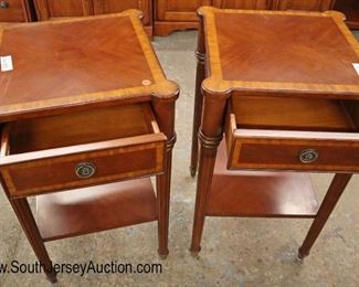 Lot 587
NICE PAIR of Ethan Allen Furniture banded 1 drawer mahogany stands with cookie corners