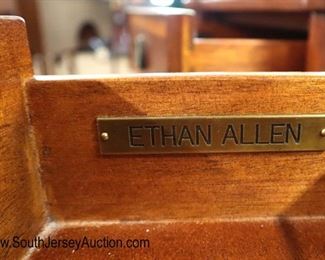 Lot 587
NICE PAIR of Ethan Allen Furniture banded 1 drawer mahogany stands with cookie corners