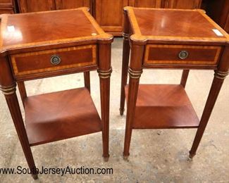 Lot 587
NICE PAIR of Ethan Allen Furniture banded 1 drawer mahogany stands with cookie corners