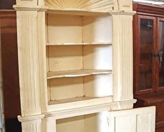 Lot 590
ANTIQUE 2 piece shell carved in the distressed paint corner cabinet
