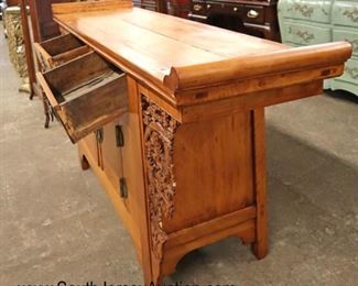 Lot 599
Asian 2 drawer 2 door dragon carved altar console - one fretwork has been repaired