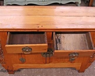 Lot 599
Asian 2 drawer 2 door dragon carved altar console - one fretwork has been repaired