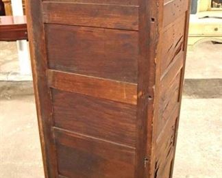 Lot 600
ANTIQUE oak corner cabinet with brass pineapple finials in the original finish with key