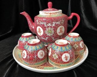 7 Pc Mun Shou Porcelain Tea Set Hand Painted
