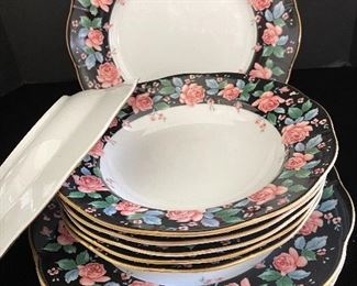 12 Piece Arita Victoria's Garden by Gear Dinner Plates & Rimmed Pasta/Soup Bowls Exl Cond