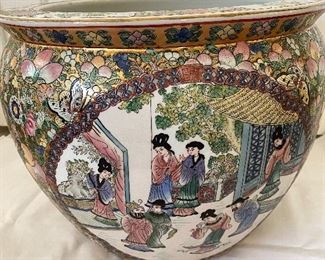 Extra Large Koi Pot 12.5x16" Porcelain Canton Rose Familie Gilded