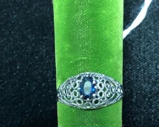 14k White Gold Rope Filigree w/blue Sapphire Ring