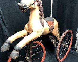 Figural Horse Tricycle Iron and Wood Wheels