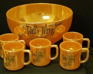 Tom & Jerry Fire-King Lustreware Punchbowl w/5 Mugs