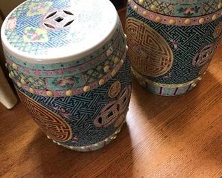 Pair ceramic garden stools. 11" diameter x 18"h $680