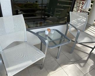 Brown Jordan pair of chairs and table. Table is 25"sq.  x 17"h. GlassyBabys not for sale. $380 for the set. 
