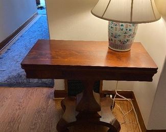 fold over antique table $340 measures 34”w x 17”d x 30.5”h  turns into a 34”square when open. Antique Chinese porcelain lamp sold in another photo