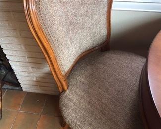 Close up of custom upholstery. Chairs are upholstered in double-backed chenille with silk back accents. Chairs measure 19” w X 19”d X 38”h. Asking $300 for the pair of chairs.