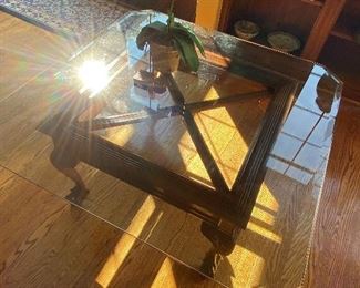 Square glass on wood carved base coffee table$190 30" sq x 19" high