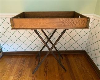 Antique brass mounted oak tray on stand                 