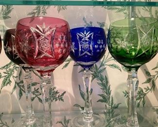  6 Multi-colored cut glass goblets       7 3/4" h         