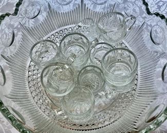 Pressed glass punch bowl  w/12 cups                      95.00                                           14"diameter x 8" h