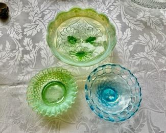 3 colored glass bowls                                                   30.00                largest bowl 8" diameter 3"h