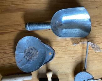 Collection of vintage kitchen utensils                         45.00    (wooden knob comes off of nutmeg grater)