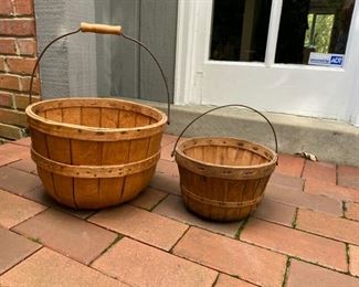 Basket Lot#6 2  antique wood stave apple baskets 95.00  for 2                                                                                                  Larger: 8"h x 12" diameter                                                           Smaller:   5"h x 9" diameter                     