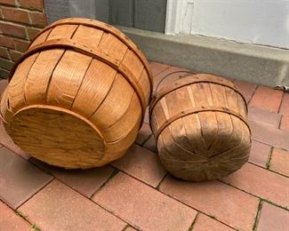 Basket Lot#6 2  antique wood stave apple baskets 95.00  for 2                                                                                                  Larger: 8"h x 12" diameter                                                           Smaller:   5"h x 9" diameter        