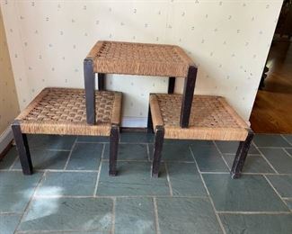 3 vintage woven stools 10"h x 16" square               